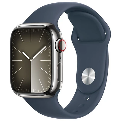 Apple Watch Series 9 (GPS + Cellular) avec boîtier de mm en acier inoxydable argenté et bracelet sport bleu tempête par Rogers - Moyen/Grand