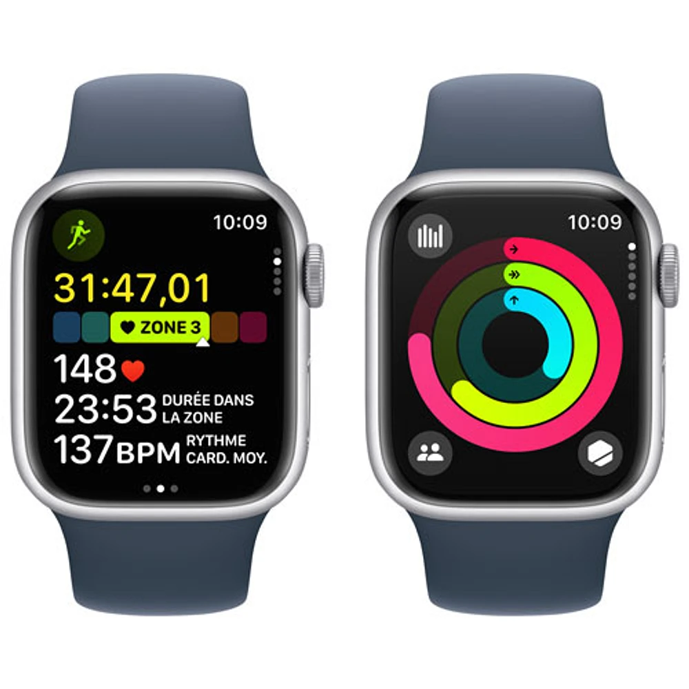 Apple Watch Series 9 (GPS + Cellular) avec boîtier de 41 mm en aluminium argenté et bracelet sport bleu tempête par Virgin Plus - Petit/Moyen - Financement mensuel