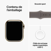 Apple Watch Series 9 (GPS + Cellular) avec boîtier de mm en acier inoxydable doré et bracelet sport argile par Rogers - Petit/Moyen