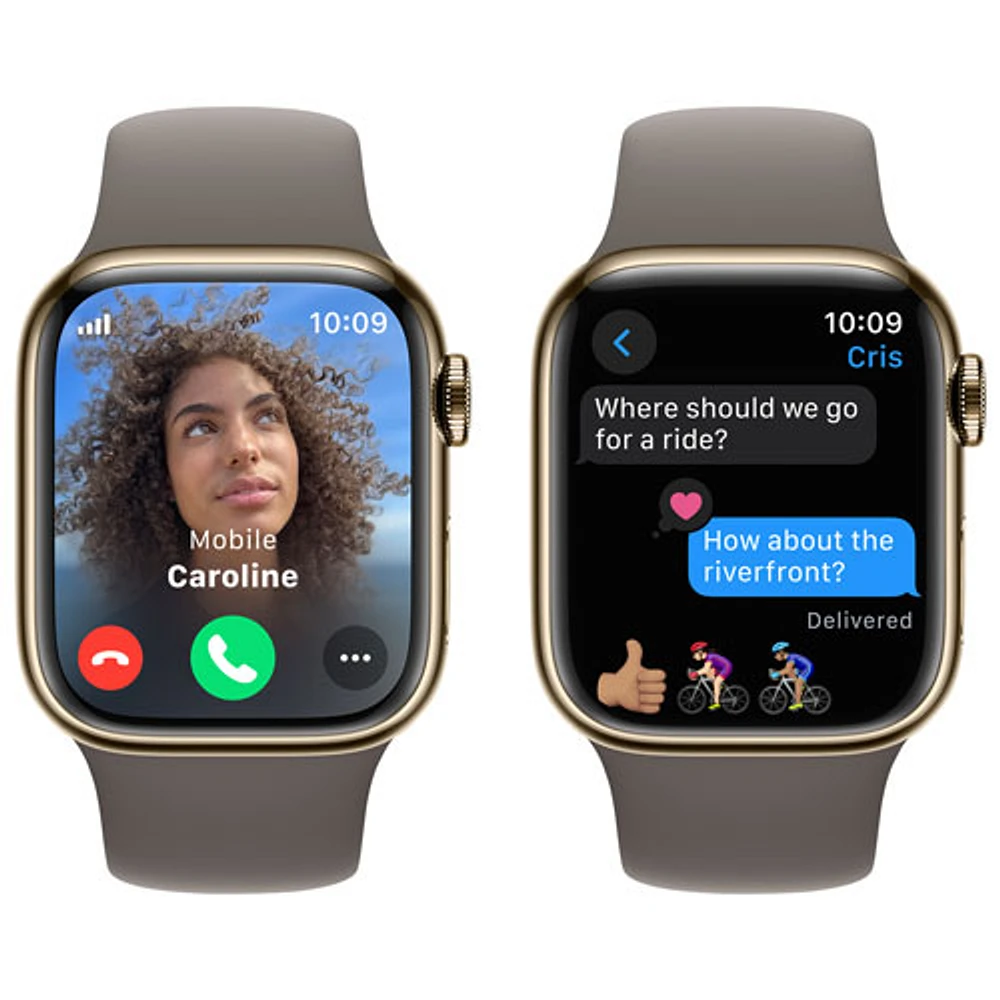 Apple Watch Series 9 (GPS + Cellular) avec boîtier de mm en acier inoxydable doré et bracelet sport argile par Rogers - Petit/Moyen