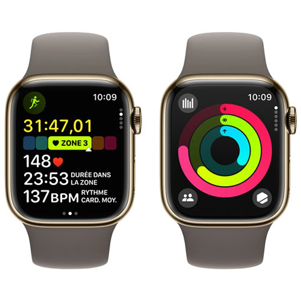 Apple Watch Series 9 (GPS + Cellular) avec boîtier de mm en acier inoxydable doré et bracelet sport argile par Rogers - Petit/Moyen