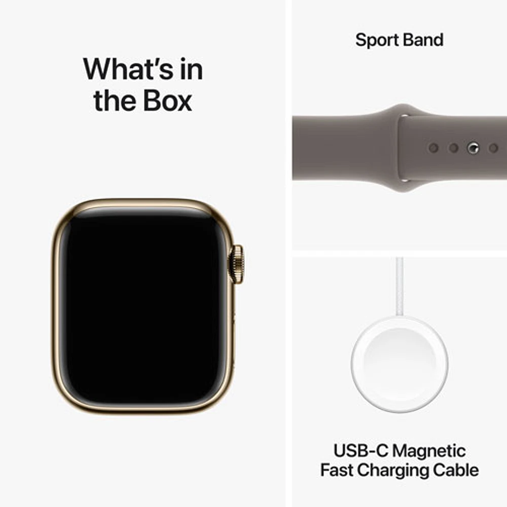 Apple Watch Series 9 (GPS + Cellular) avec boîtier de mm en acier inoxydable doré et bracelet sport argile par Rogers - Petit/Moyen