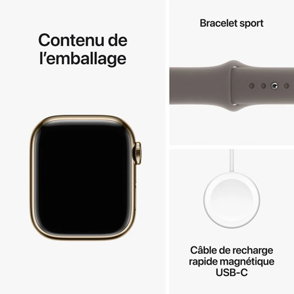 Apple Watch Series 9 (GPS + Cellular) avec boîtier de mm en acier inoxydable doré et bracelet sport argile par TELUS - Moyen/Grand