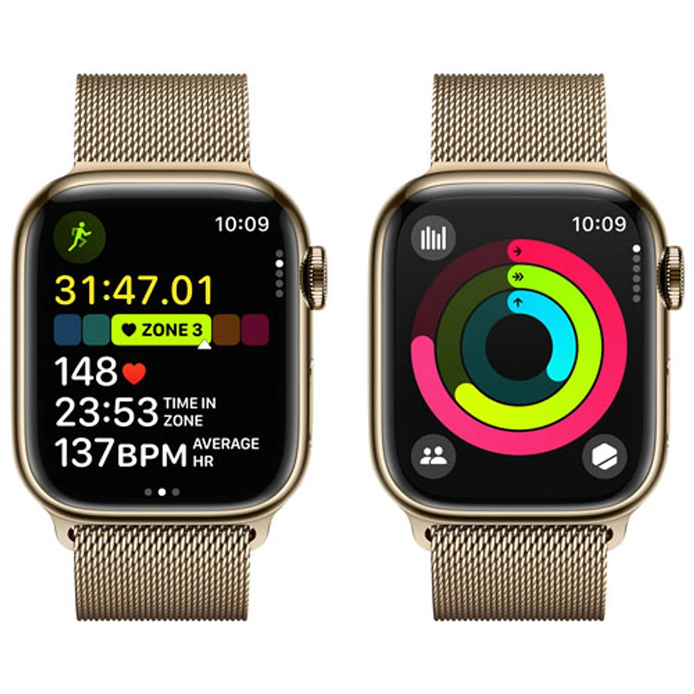 Apple Watch Series 9 (GPS + Cellular) avec boîtier de 41 mm en acier inoxydable doré et bracelet milanais en acier inoxydable doré par Rogers - Petit - Financement mensuel