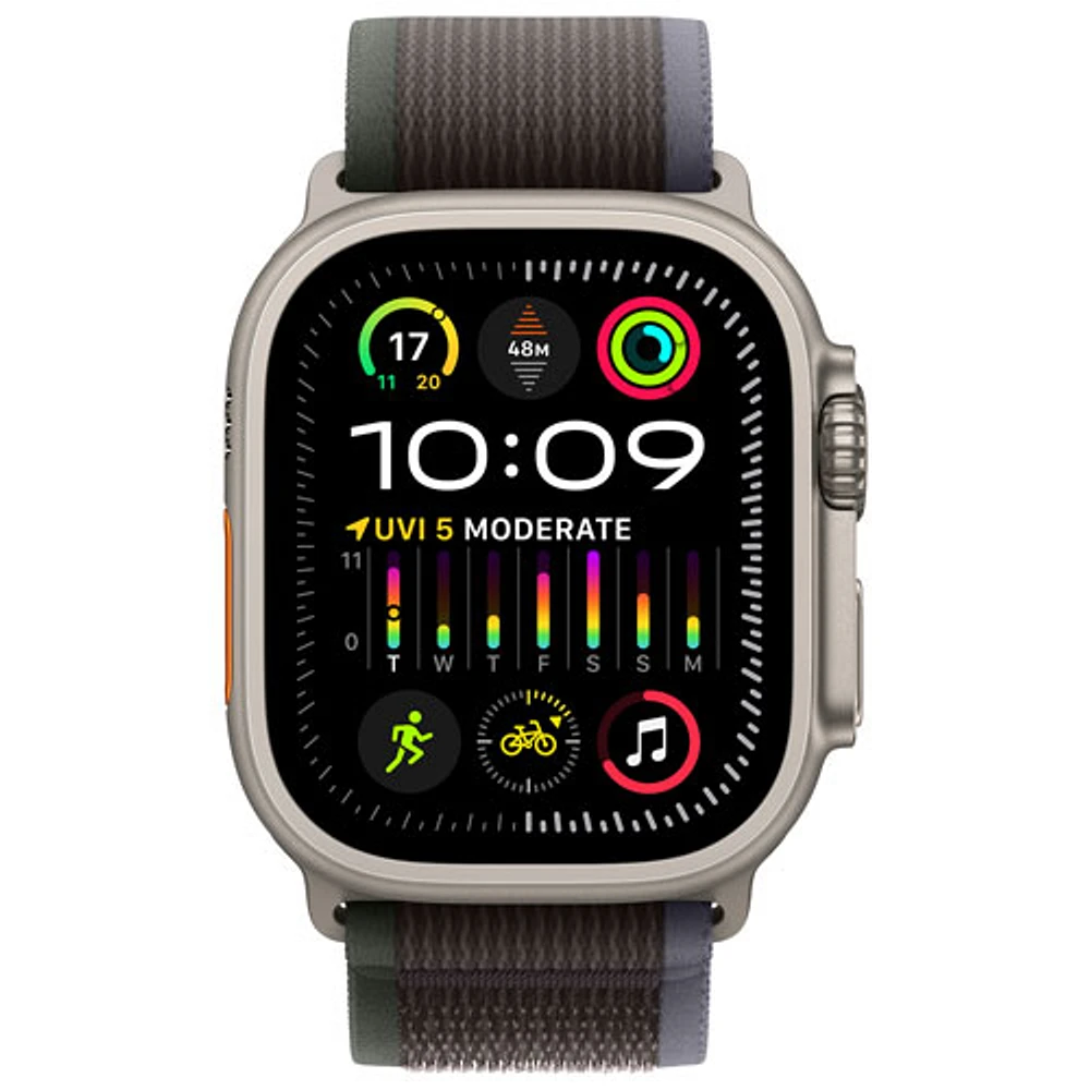 Apple Watch Ultra 2 (GPS + Cellular) avec boîtier de 49 mm en titane et bracelet Sentier bleu/noir par Bell - Petit/Moyen - Financement mensuel