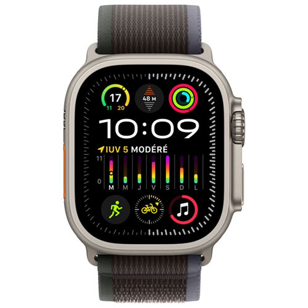 Apple Watch Ultra 2 (GPS + Cellular) avec boîtier de 49 mm en titane et bracelet Sentier bleu/noir par TELUS - Petit/Moyen - Financement mensuel
