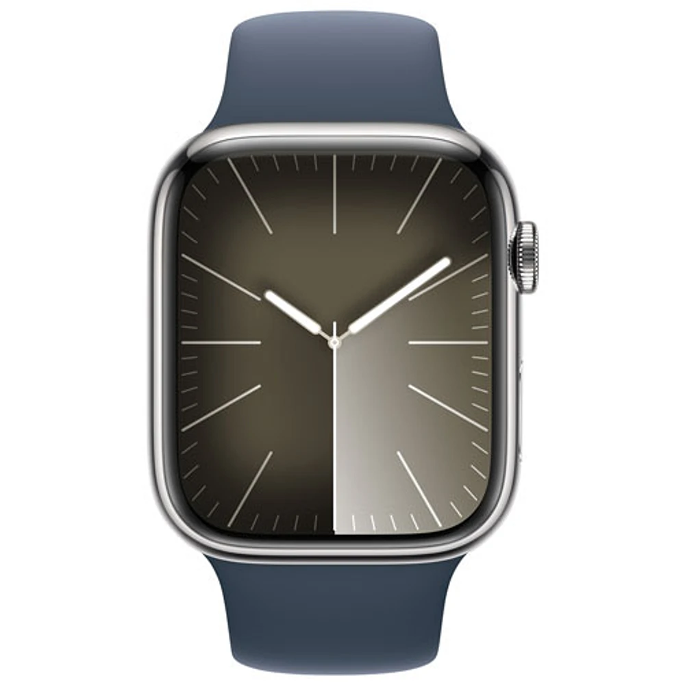 TELUS Apple Watch Series 9 (GPS + Cellular) 45mm Silver Stainless Steel Case w/Storm Blue Sport Band - M