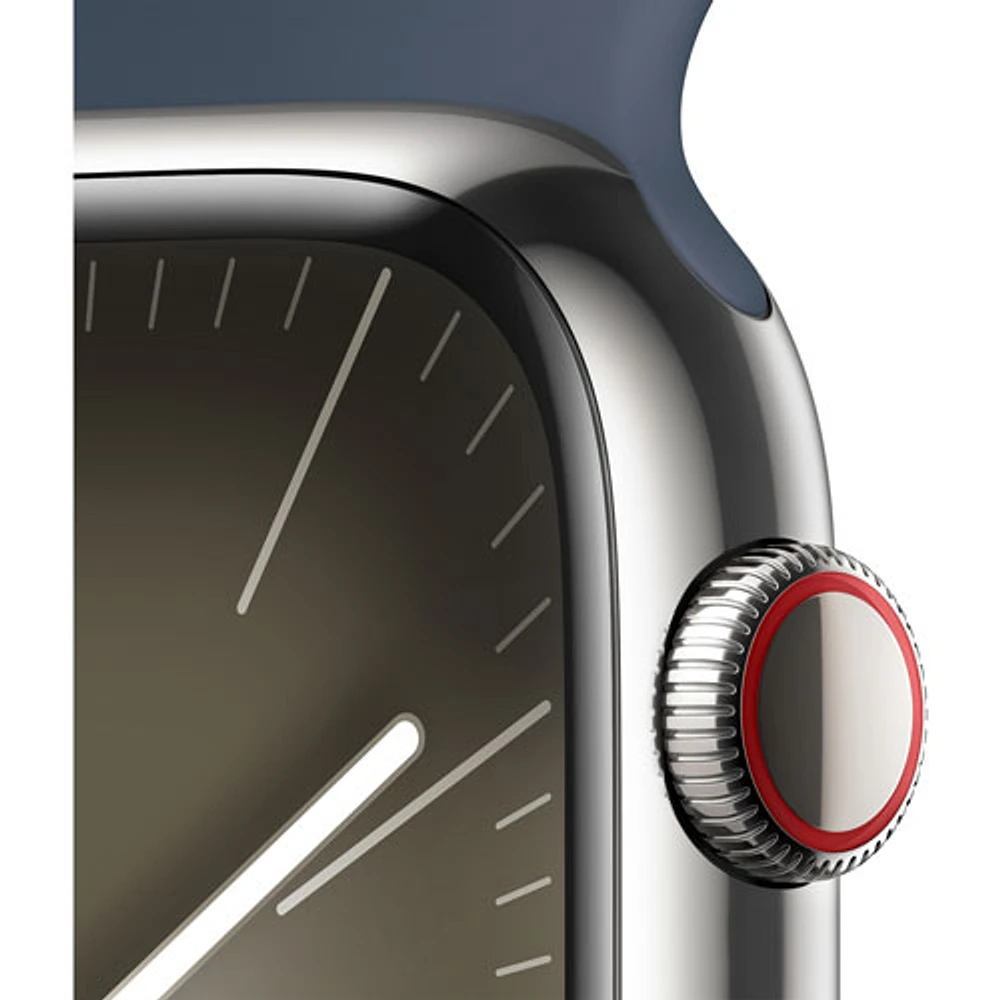 TELUS Apple Watch Series 9 (GPS + Cellular) 45mm Silver Stainless Steel Case w/Storm Blue Sport Band - M