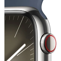 TELUS Apple Watch Series 9 (GPS + Cellular) 45mm Silver Stainless Steel Case w/Storm Blue Sport Band - M