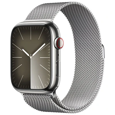 Apple Watch Series 9 (GPS + Cellular) avec boîtier de 45 mm en acier inoxydable argenté et bracelet milanais argenté par TELUS - Grand - Financement mensuel