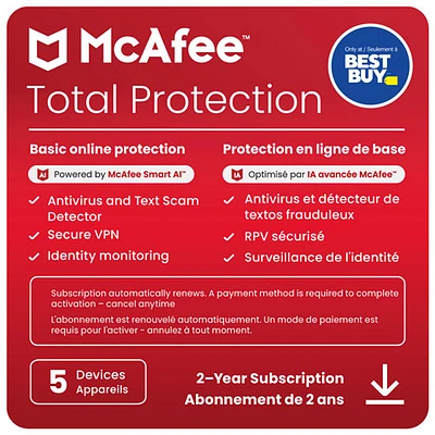 McAfee Total Protection (Win/Mac/Android/iOS/ChromeOS) - 5 appareils - -2 ans - Téléchargement numérique - Exclusivité de Best Buy