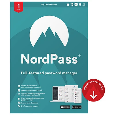 NordPass Premium (PC/Mac) - Nombre illimité d'appareils - 1 an - Téléchargement numérique
