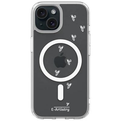 Étui rigide ajusté Signature Bee Spiral d'E-Artistry avec MagSafe pour iPhone 15 - Transparent/Blanc