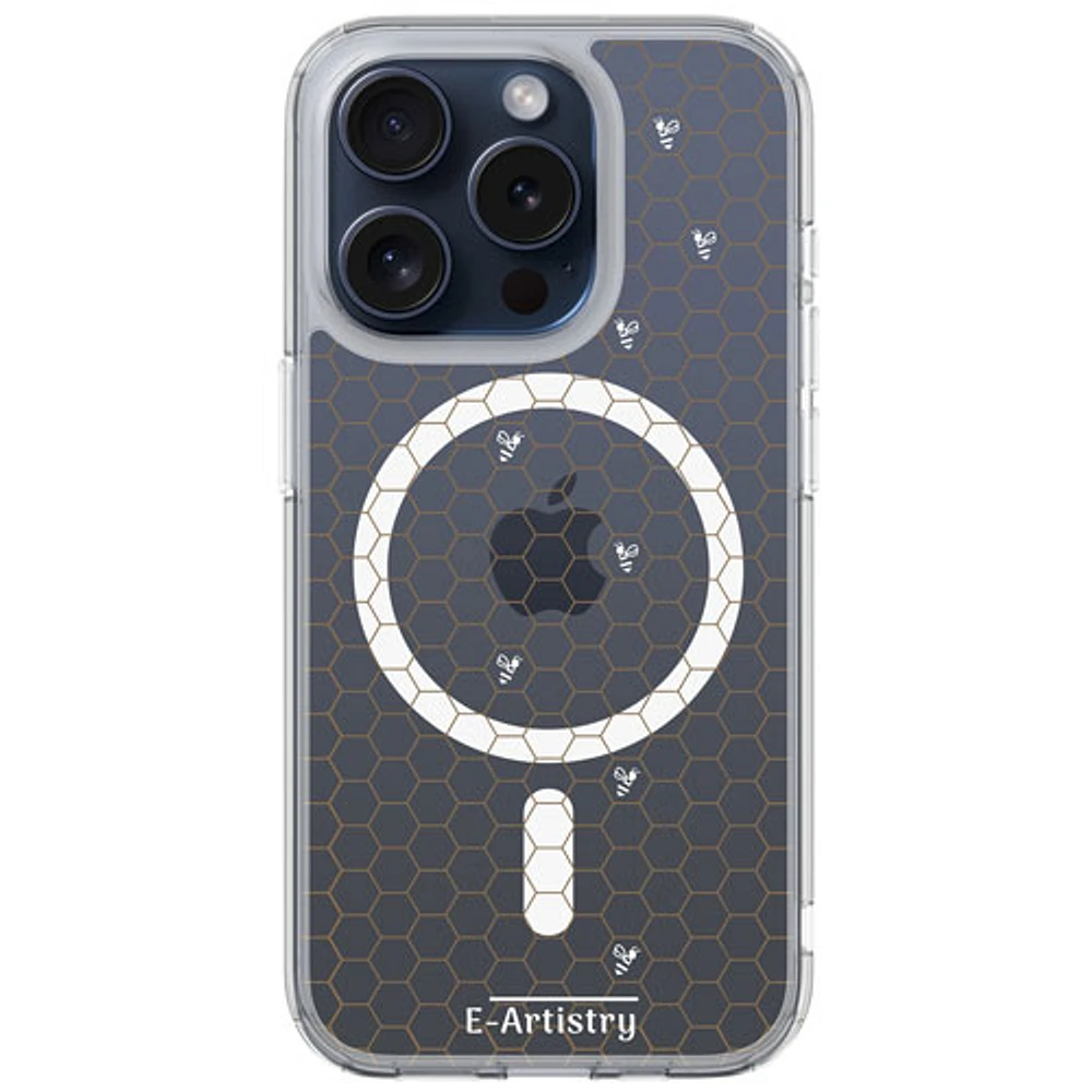Étui rigide ajusté Signature Honeycomb d'E-Artistry avec MagSafe pour iPhone 15 Pro Max - Transparent/Blanc/Doré
