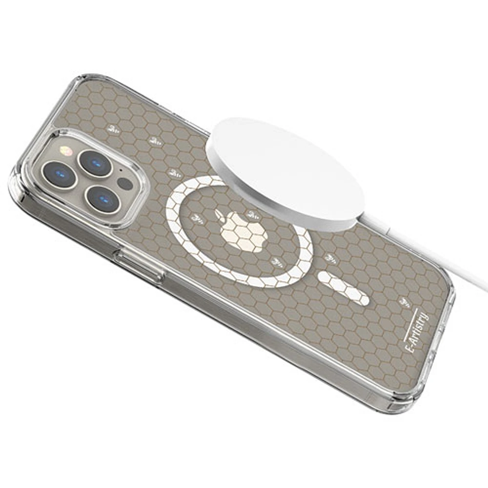 Étui rigide ajusté Signature Honeycomb d'E-Artistry avec MagSafe pour iPhone 15 Pro Max - Transparent/Blanc/Doré