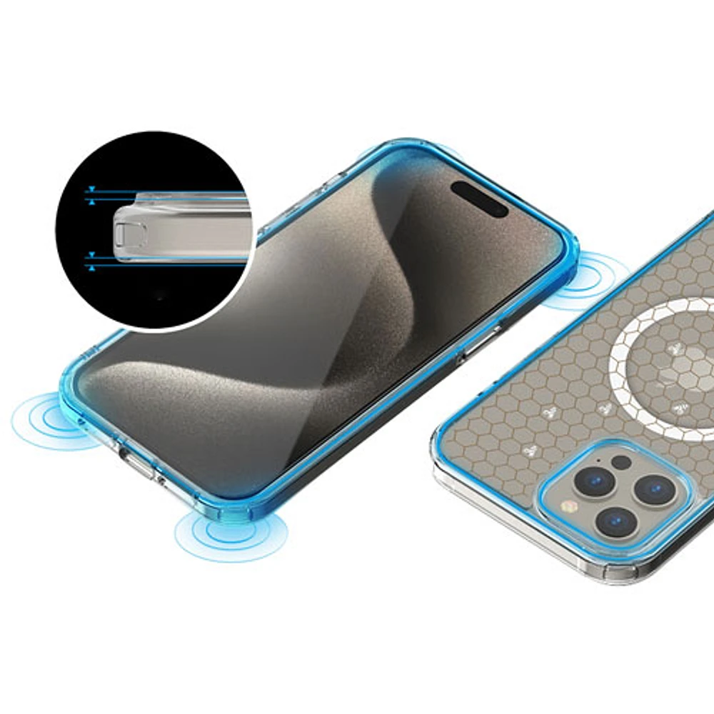 Étui rigide ajusté Signature Honeycomb d'E-Artistry avec MagSafe pour iPhone 15 Pro Max - Transparent/Blanc/Doré