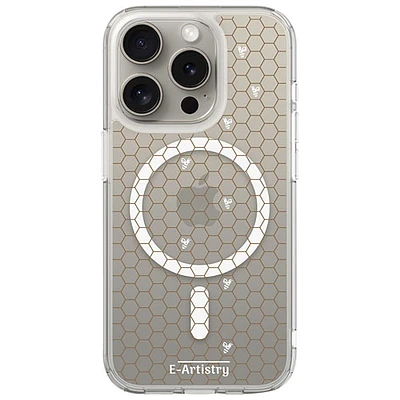 Étui rigide ajusté Signature Honeycomb d'E-Artistry avec MagSafe pour iPhone 15 Pro - Transparent/Blanc/Doré