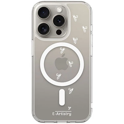 Étui rigide ajusté Signature Bee Spiral d'E-Artistry avec MagSafe pour iPhone 15 Pro - Transparent/Blanc