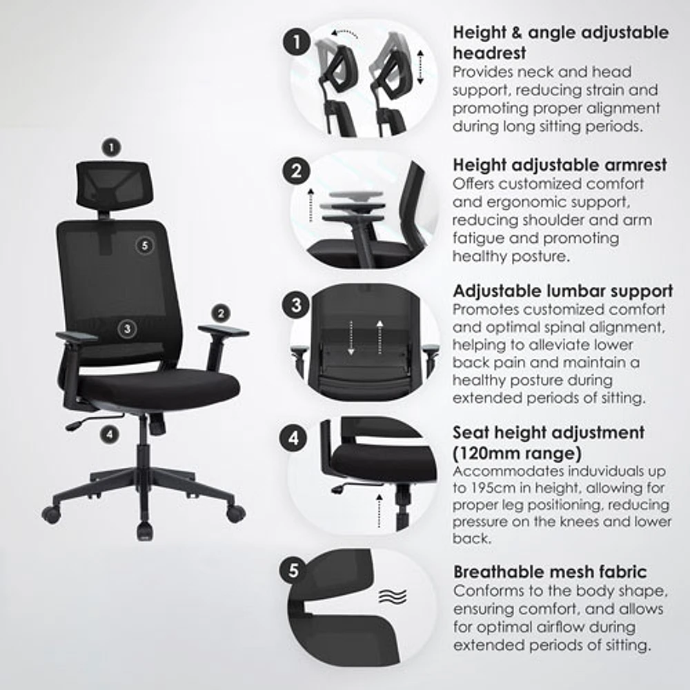 Fauteuil de bureau en filet ergonomique avec appuie-tête Expert de Naz - Noir