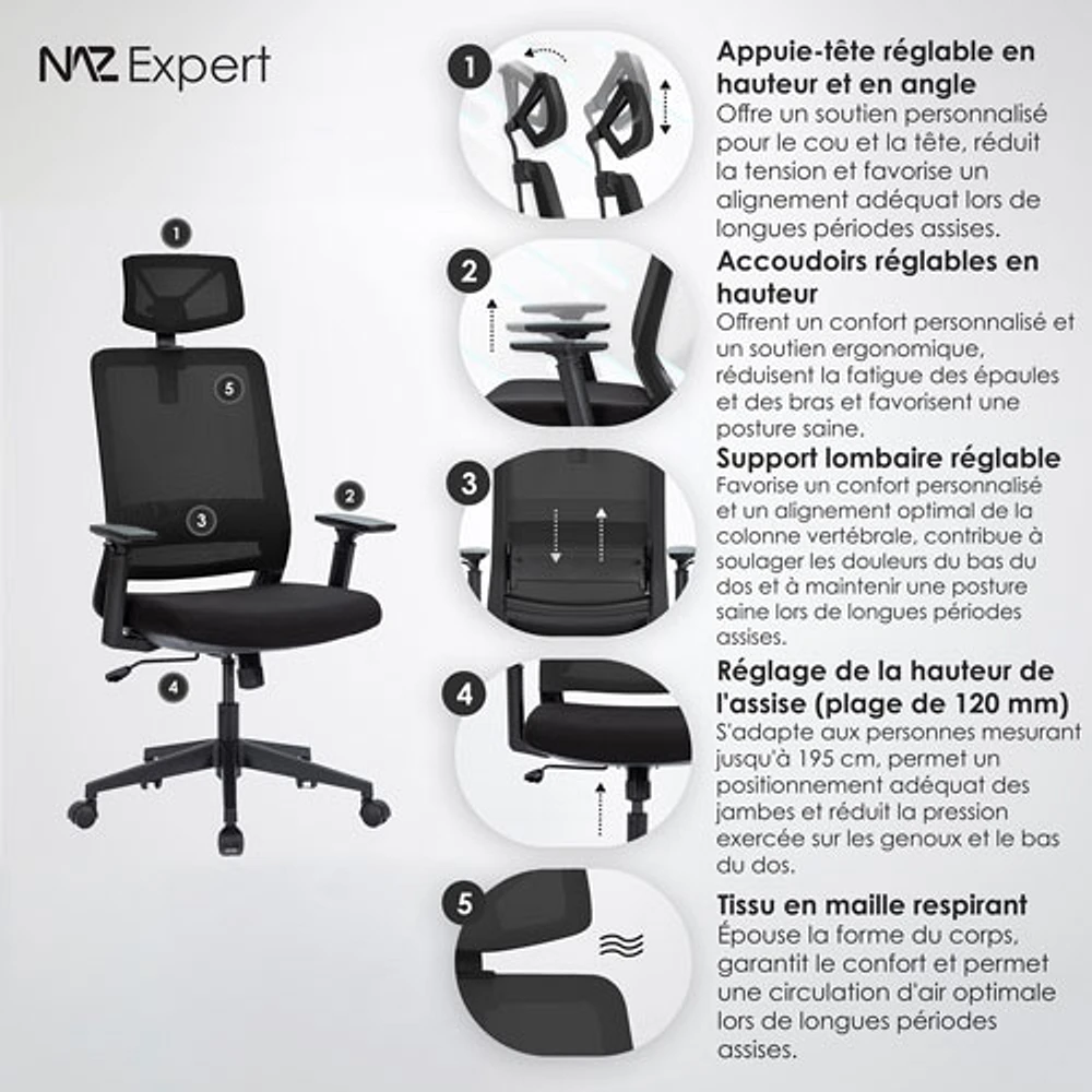 Fauteuil de bureau en filet ergonomique avec appuie-tête Expert de Naz - Noir