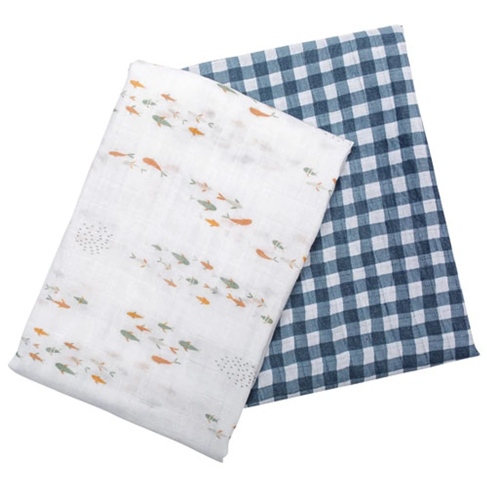 Couverture à emmailloter en mousseline Boho de Lulujo - Paquet de 2 - Poissons/Guingan bleu marine