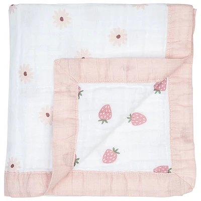Lulujo Reversible Muslin Blanket - 3-Ply - Daisy/Strawberry
