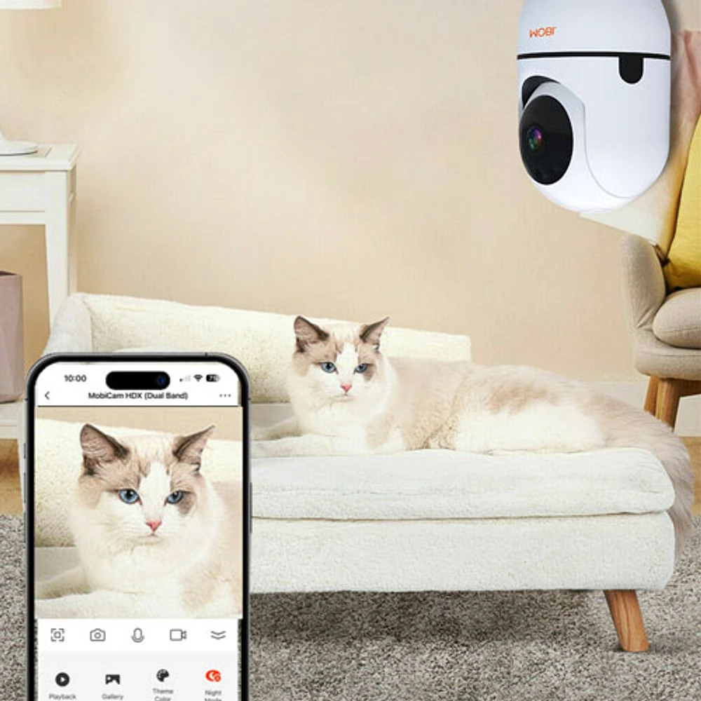 Interphone de surveillance Wi-Fi MobiCam HDX de Mobi avec pivot/inclinaison/zoom et détection des mouvements