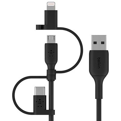 Câble USB-A à micro-USB 3-en-1 de 1 m (3,3 pi) avec adaptateurs USB-C/Lightning de Belkin (CAC001bt1MBK) - Noir
