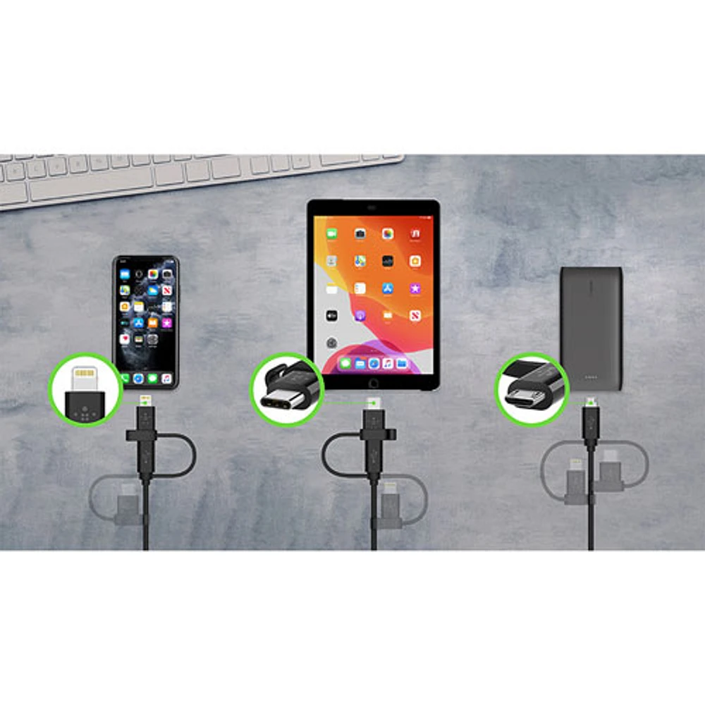 Câble USB-A à micro-USB 3-en-1 de 1 m (3,3 pi) avec adaptateurs USB-C/Lightning de Belkin (CAC001bt1MBK) - Noir