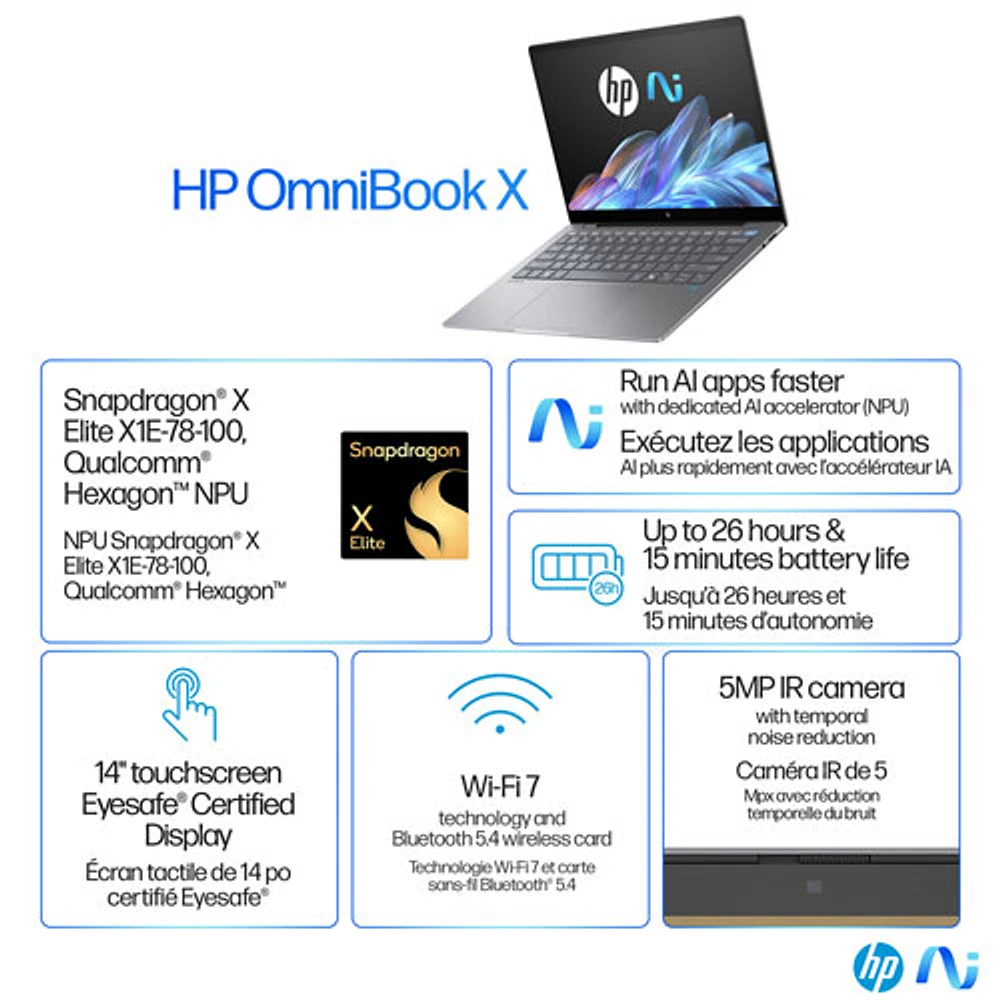 Portable OmniBook X Copilot+ PC à écran tactile de 14 po de HP (Snapdragon X Elite/RAM 16 Go/SSD 1 To)