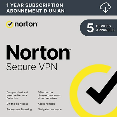 Norton Secure VPN (PC/Mac/iOS/Android) - 5 appareils - 1 an - Téléchargement numérique