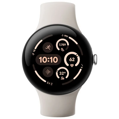 Montre Pixel Watch 3 (GPS) 45 mm de Google avec boîtier en aluminium argenté poli et bracelet sport porcelaine