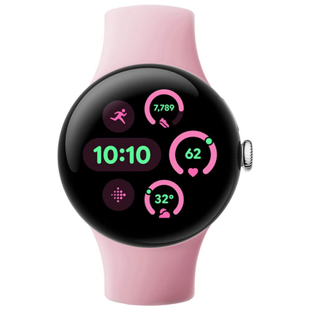 Montre Pixel Watch 3 (GPS) 41 mm de Google avec boîtier en aluminium argenté poli et bracelet sport quartz rose