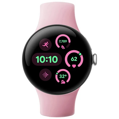 Montre Pixel Watch 3 (GPS) 41 mm de Google avec boîtier en aluminium argenté poli et bracelet sport quartz rose
