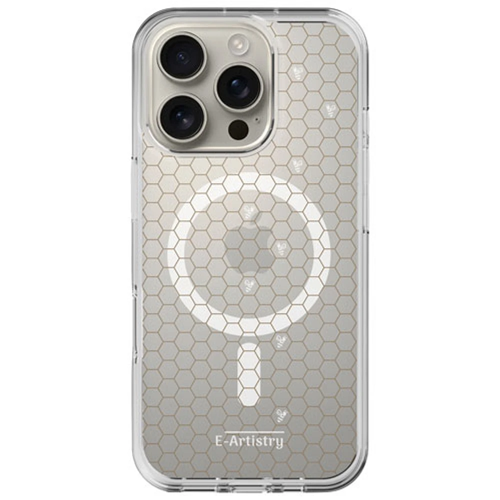 Étui rigide ajusté Signature Honeycomb d'E-Artistry avec MagSafe pour iPhone 16 Pro - Transparent/Doré/Blanc