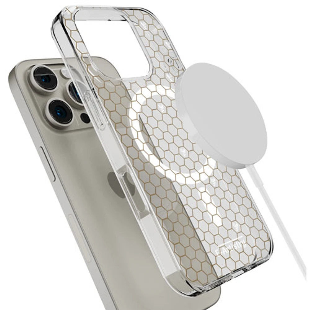 Étui rigide ajusté Signature Honeycomb d'E-Artistry avec MagSafe pour iPhone 16 Pro - Transparent/Doré/Blanc