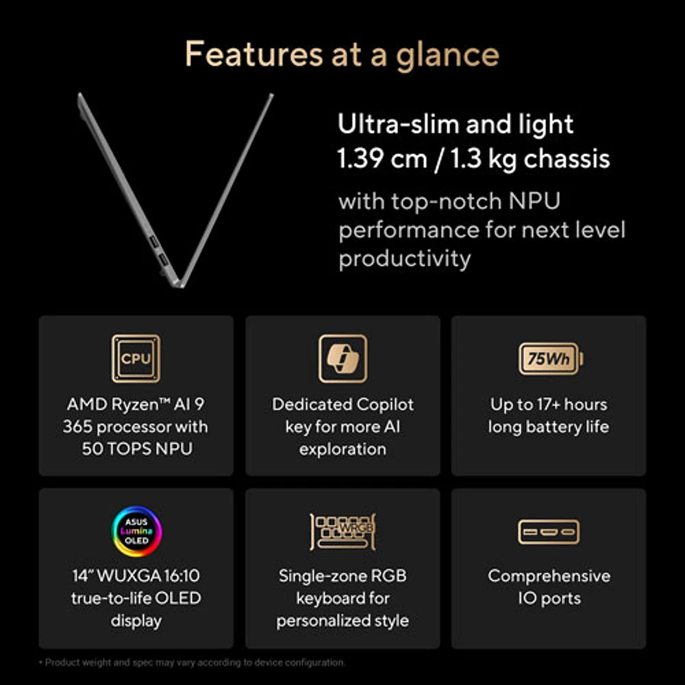 Portable de 14 po Vivobook S d'ASUS - Noir neutre/Aluminium (Ryzen AI 9 365 d'AMD/RAM 24 Go/SSD 512 Go/Windows 11)
