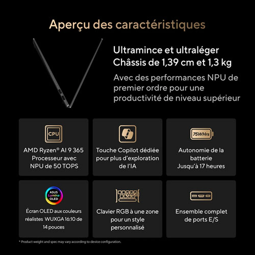 Portable de 14 po Vivobook S d'ASUS - Noir neutre/Aluminium (Ryzen AI 9 365 d'AMD/RAM 24 Go/SSD 512 Go/Windows 11)