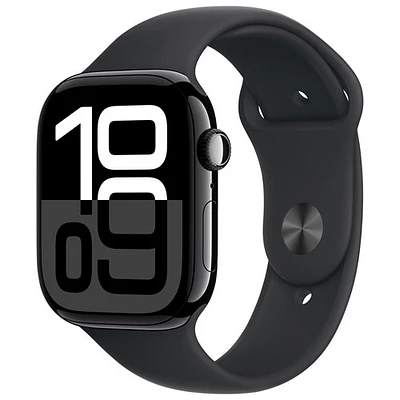 Apple Watch Series 10 (GPS + cellulaire) avec boîtier de 46 mm en aluminium noir de jais et bracelet sport noir - Moyen/Grand