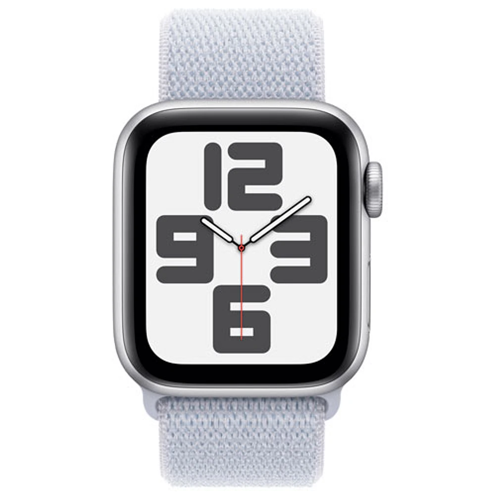 Apple Watch SE (GPS + Cellular) de 40 mm avec boîtier en aluminium argenté et bracelet sport à rabat nuage bleu