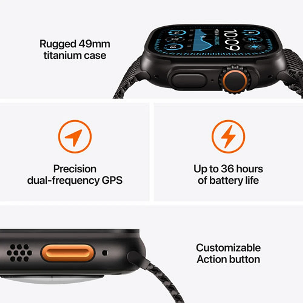 Apple Watch Ultra 2 (GPS + Cellulaire) avec boîtier de 49 mm en titane noir et bracelet Alpin vert foncé par Virgin Plus - Moyen - Financement mensuel