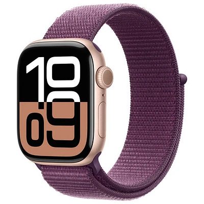 Apple Watch Series 10 (GPS + Cellulaire) avec boîtier de 42 mm en aluminium rose doré et bracelet sport prune par Freedom Mobile - Paiement Balance mensuel