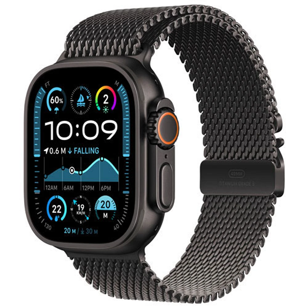 Apple Watch Ultra 2 (GPS + Cellulaire) avec boîtier de 49 mm en titane noir et bracelet milanais en titane noir par Freedom Mobile - Grand - Paiement Balance mensuel