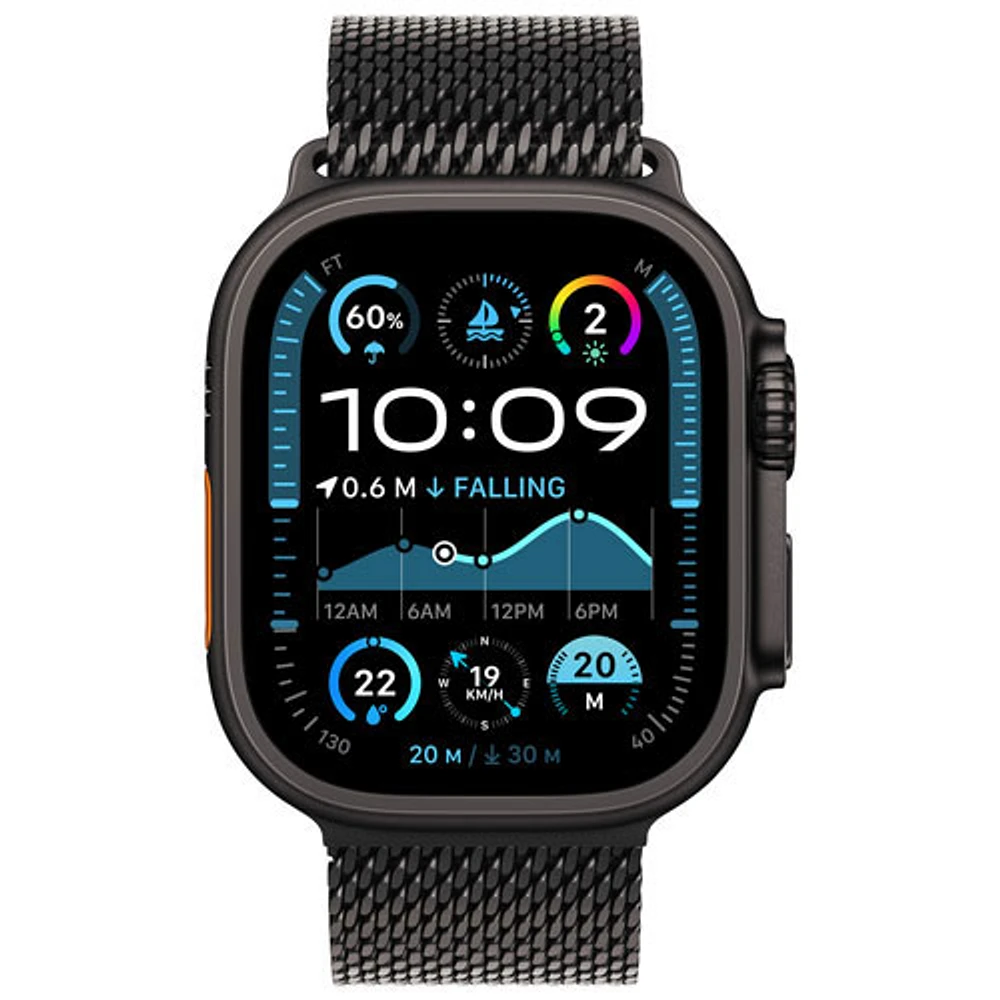 Apple Watch Ultra 2 (GPS + Cellulaire) avec boîtier de 49 mm en titane noir et bracelet milanais en titane noir par Freedom Mobile - Grand - Paiement Balance mensuel