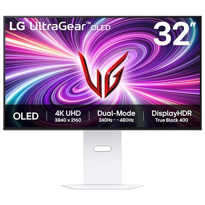 Moniteur de jeu FreeSync G-Sync DELO (UHD 4K 240 Hz, HD intégrale 480 Hz) de 32 po mode double UltraGear de LG avec temps de réponse de 0,03 ms gris à gris - Blanc suprême