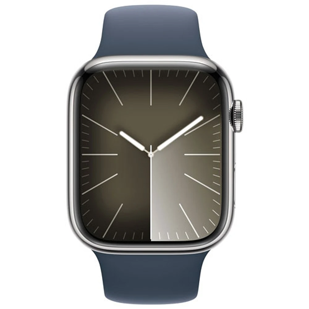 Apple Watch Series 9 (GPS + cellulaire) avec boîtier de mm en acier inoxydable argenté et bracelet sport bleu tempête par Koodo - Moyen/Grand - mm