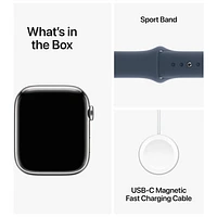 Apple Watch Series 9 (GPS + cellulaire) avec boîtier de mm en acier inoxydable argenté et bracelet sport bleu tempête par Koodo - Moyen/Grand - mm