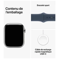Apple Watch Series 9 (GPS + cellulaire) avec boîtier de mm en acier inoxydable argenté et bracelet sport bleu tempête par Koodo - Moyen/Grand - mm