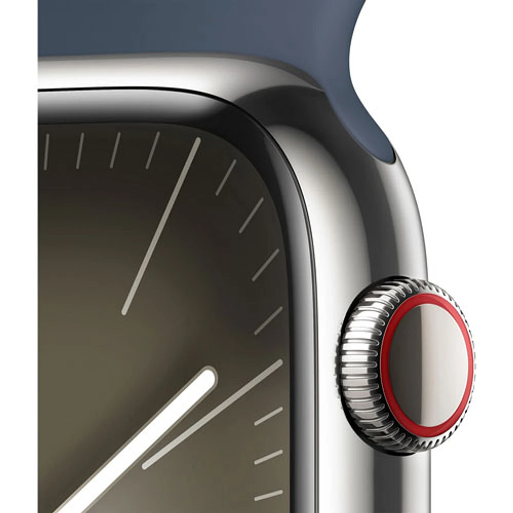 Apple Watch Series 9 (GPS + cellulaire) avec boîtier de mm en acier inoxydable argenté et bracelet sport bleu tempête par Koodo - Moyen/Grand - mm