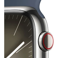 Apple Watch Series 9 (GPS + cellulaire) avec boîtier de mm en acier inoxydable argenté et bracelet sport bleu tempête par Koodo - Moyen/Grand - mm